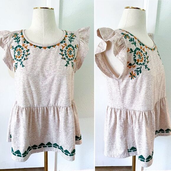Kindle Flutter sleeve oatmeal blouse with embroidery S - Picture 1 of 2